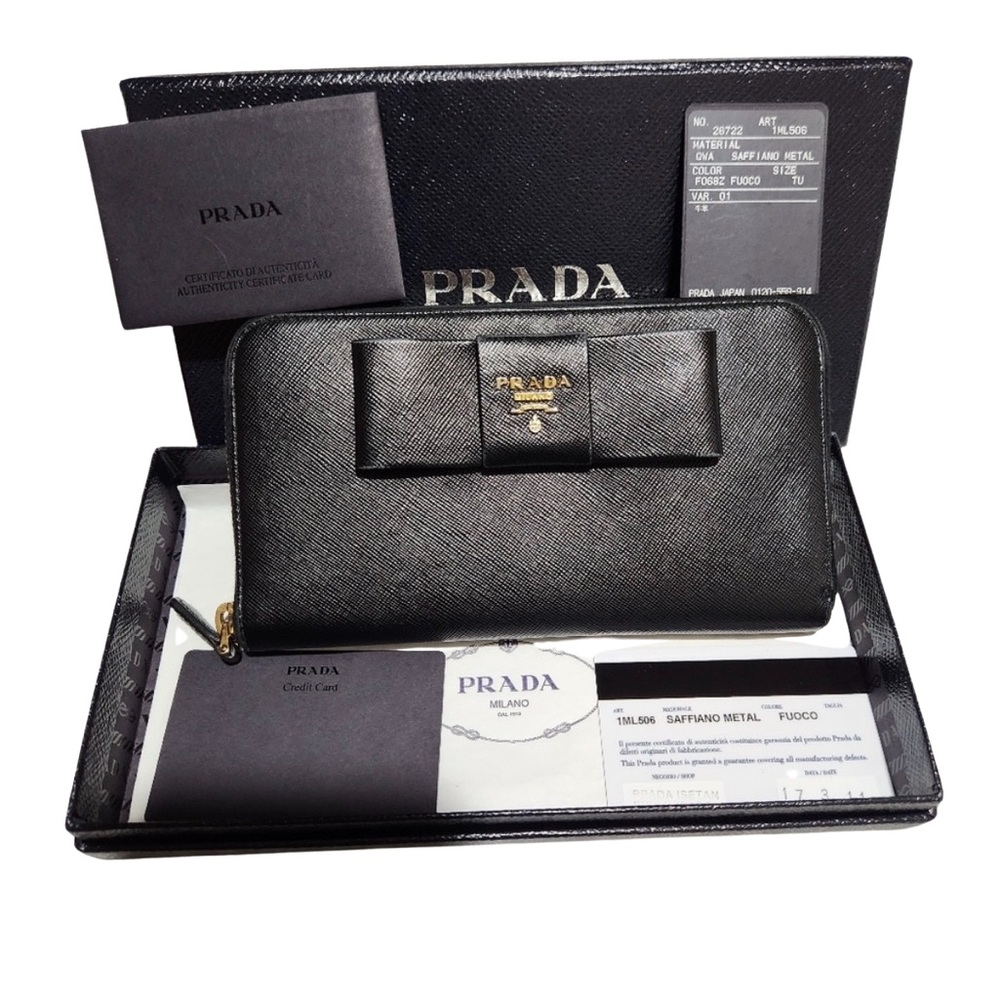 PRADA Black Saffiano Leather Ribbon Zip Around Wallet